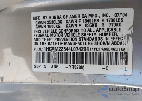 2004 Honda Civic Lx from USA, damaged, VIN 1HGEM22544L074204